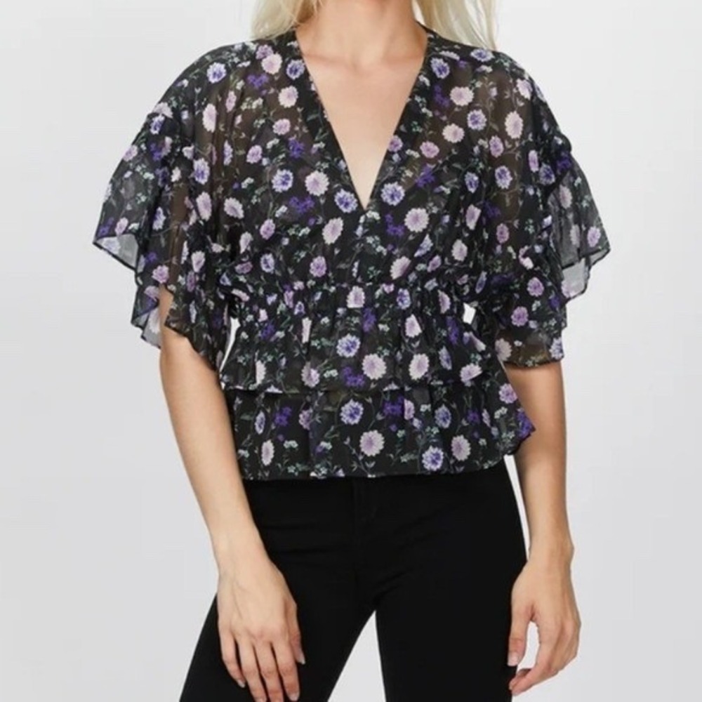 NWT‎ The Kooples 100% Silk Retail $295 Peplum Floral Blouse V-Neck Ruffle Top